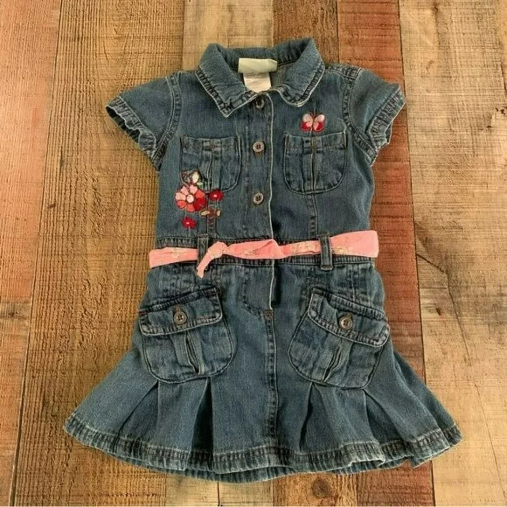 Carters vintage girls denim dress with embroidered flowers and butterflies -4T